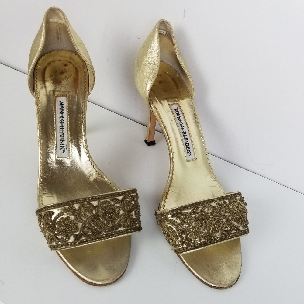 Manolo Blahnik sandal heels gold trim brocade